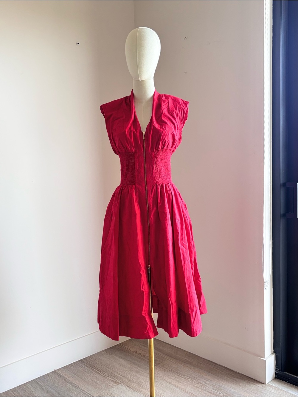 Anthropologie Vibrant Hot Pink Shirred-Waist Zip Midi Dress